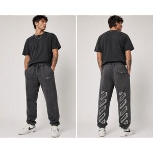 Off-White‎ Sweatpants Mens XXS Faded Black 3D Diagonal Stripes FW18 Joggers